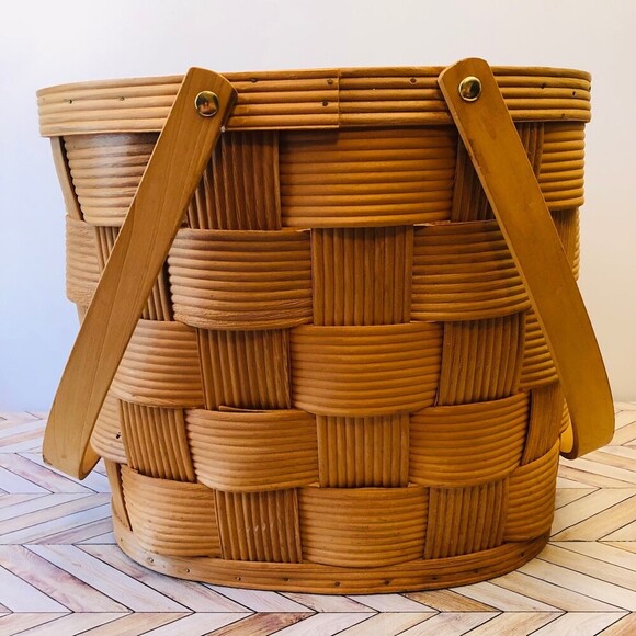 Source Unknown Other - Honey Brown Handwoven Large Basket with Handles Cottage Core